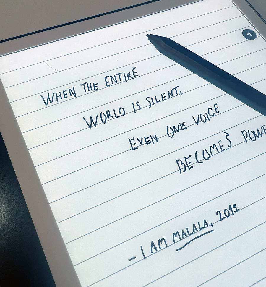 When the entire world is silent, even one voice becomes powerful - quote displayed on the Kindle Scribe